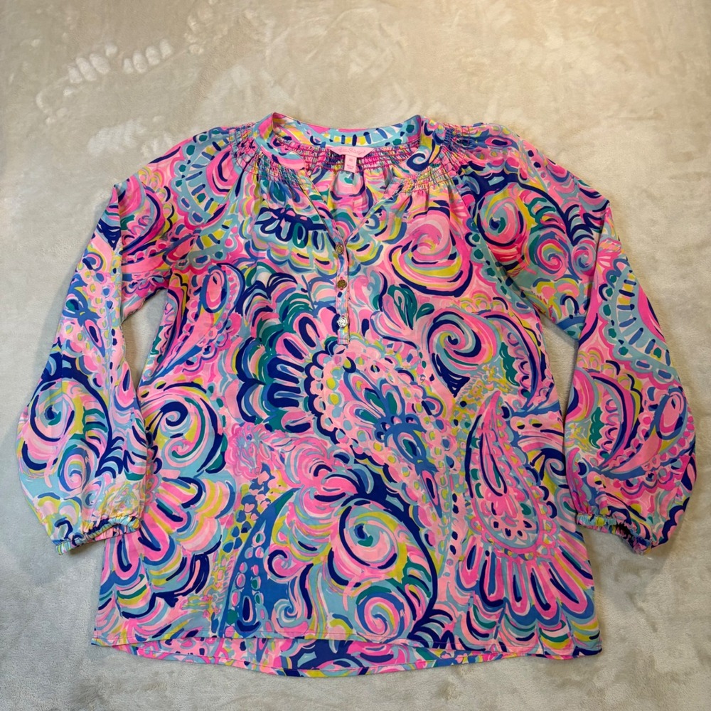 Lilly Pulitzer Elsa Silk Top Psychedelic Sunshine Paisley Pink Blue XS Blouse